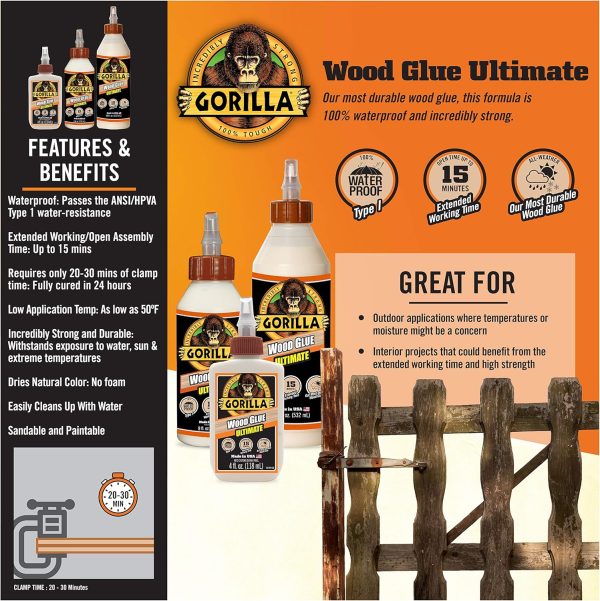 Gorilla Ultimate Waterproof Wood Glue; 18 Ounce; Natural Wood Color; (Pack of 1) - Image 4